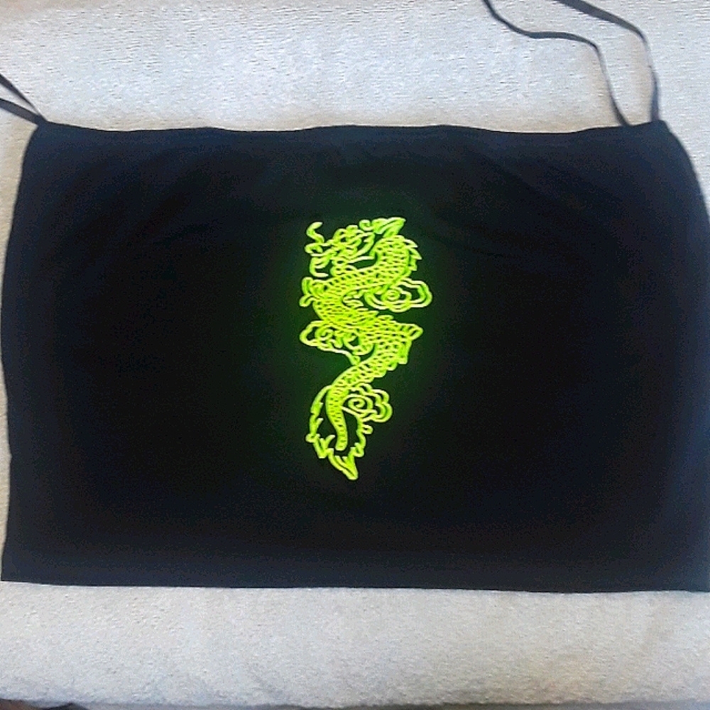 Strapless black top with lime green dragon design